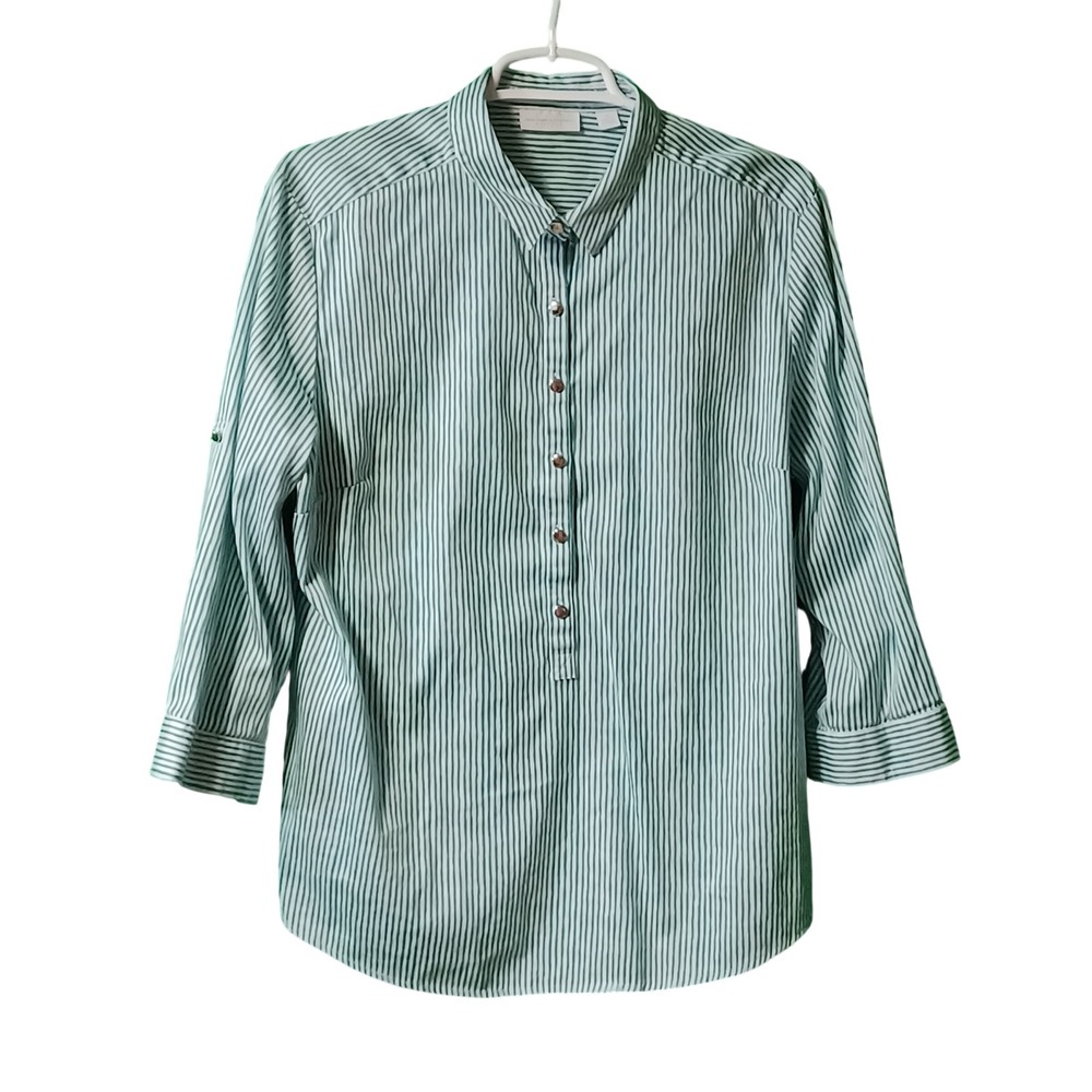 New York & Company Stretch Teal White Striped Button Up Shirt Womens XL VN120001